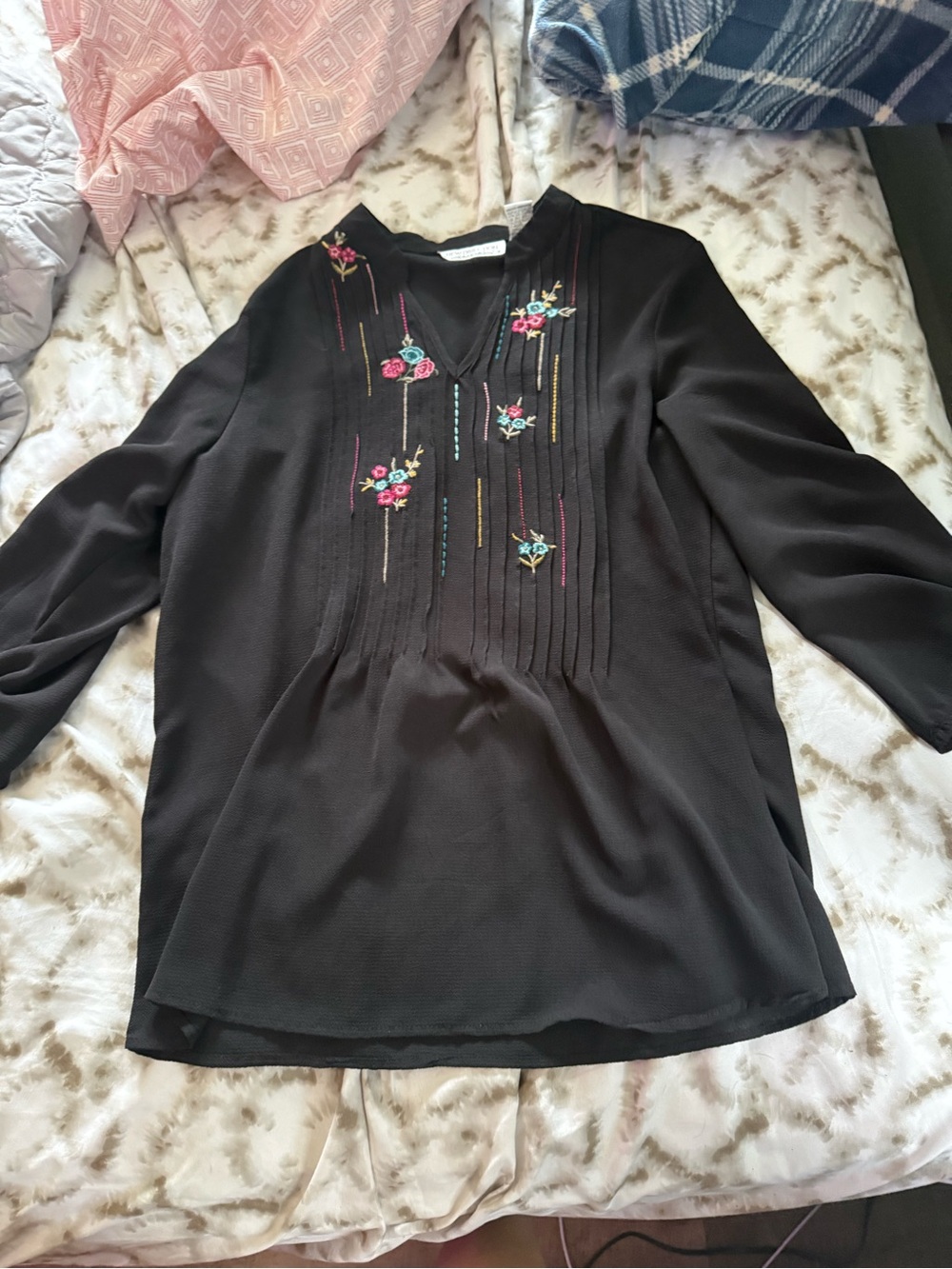 new directions Black V-Neck Tunic with Colorful Floral Embroidery